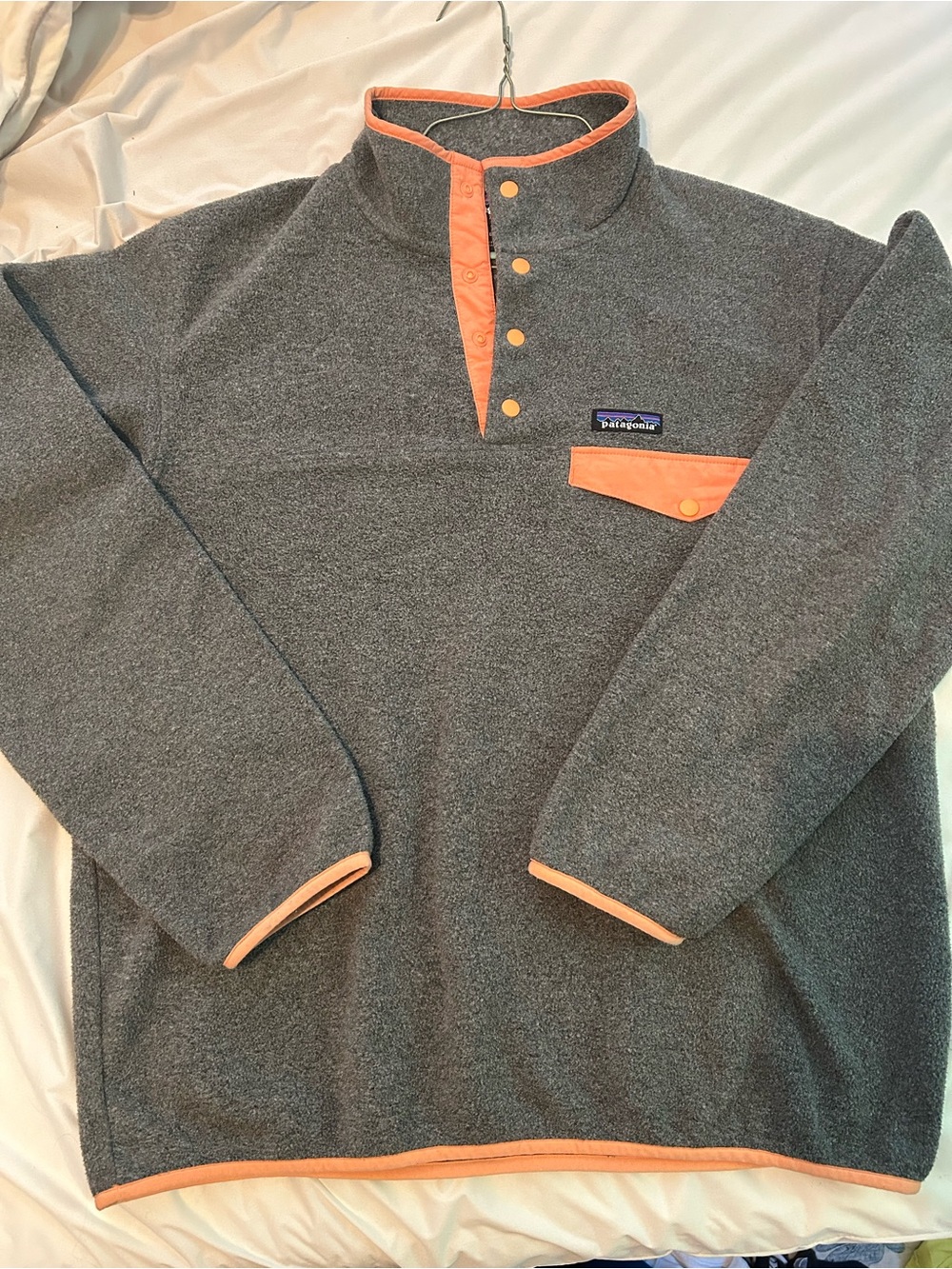 Patagonia Synchilla Gray Fleece Snap Pullover with Orange Trim